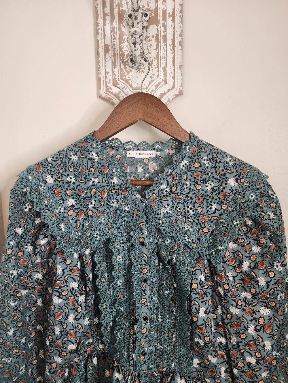 Ulla Johnson Mina Blouse Dragonfly Green Floral Eyelet Peplum Size 10